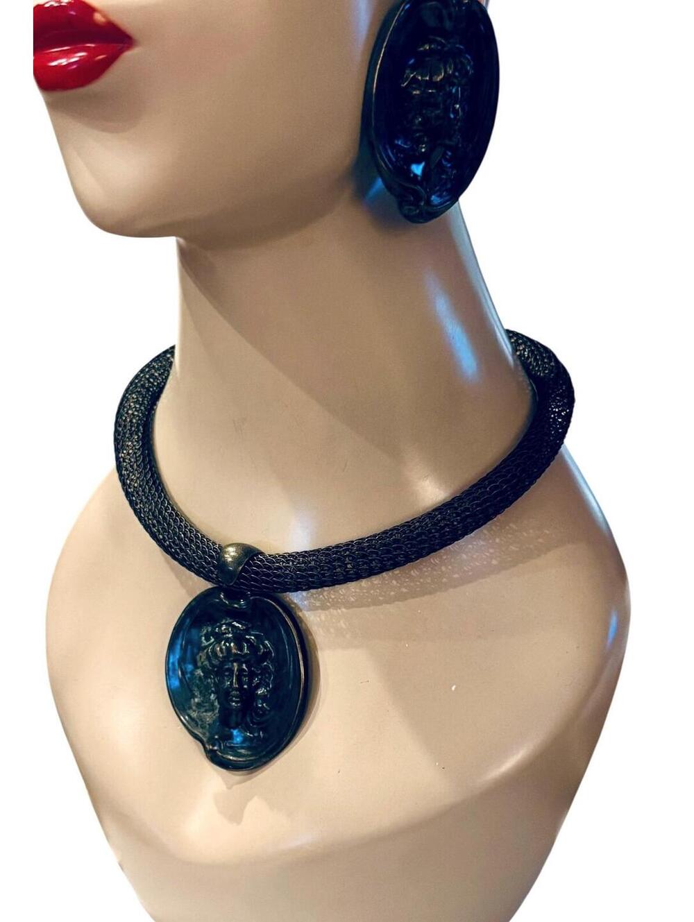 Art Nouveau Victorian Lady Pendant Choker Necklace XL Clip Earrings Dr3